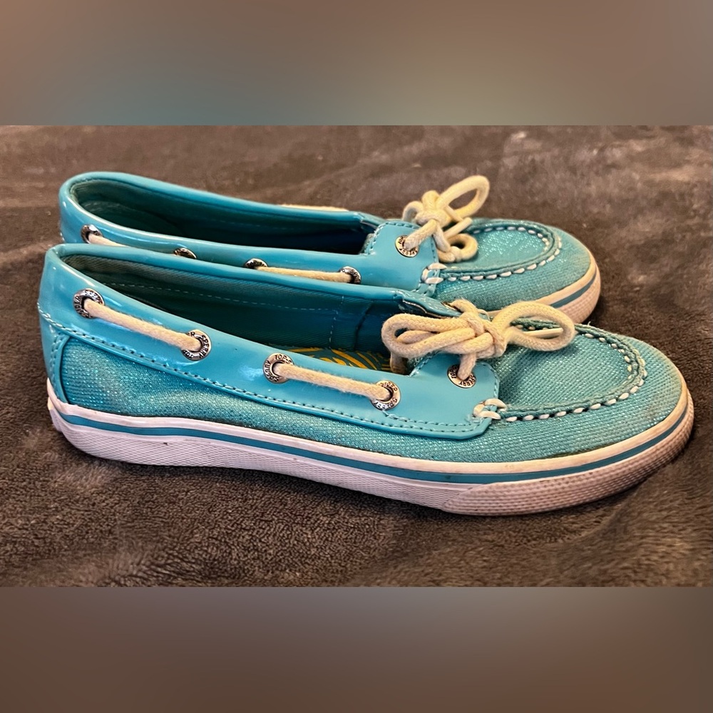 Little girls teal loafers